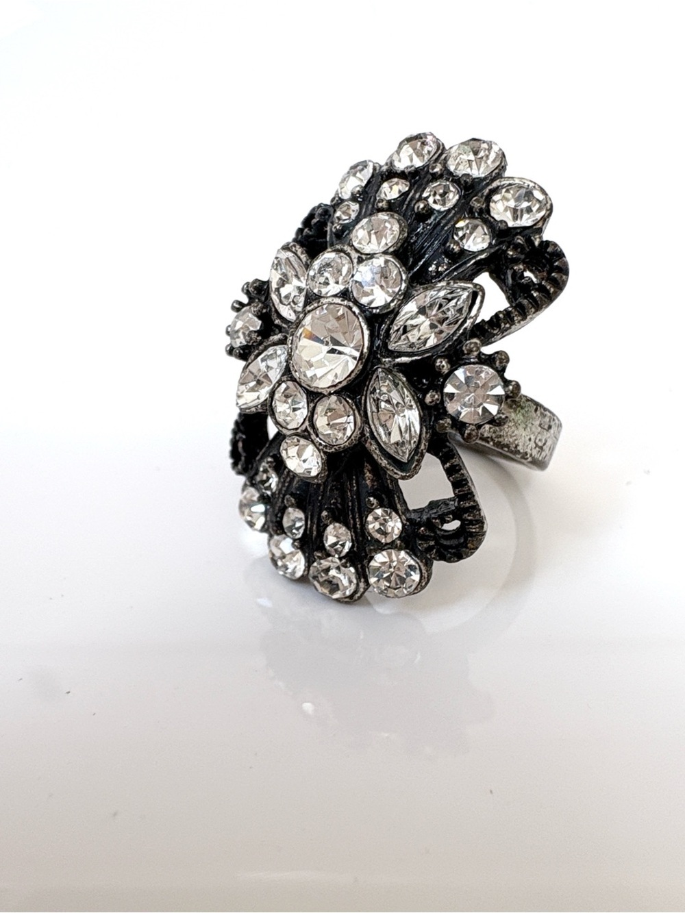 Vintage-Inspired Black Crystal Cocktail Ring Size 6